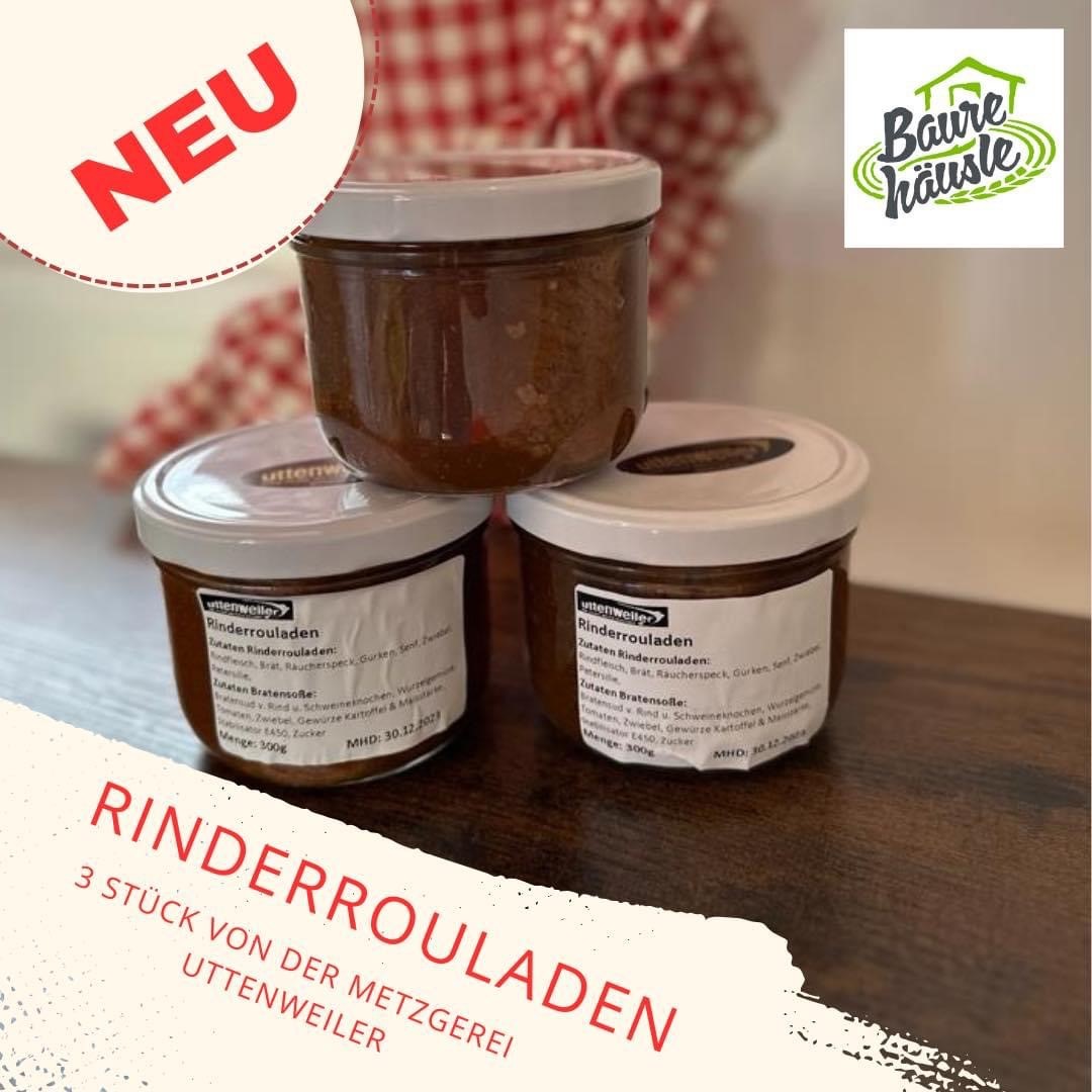 Erweiterung des Sortimens im Baurehäusle des Maschinenring Tuttlingen-Stockach - Rinderrouladen fertig gekocht. 3 Stück von der Metzgerei Uttenweiler. Sehr lecker